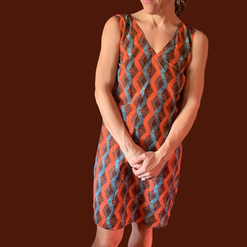 Halogen Slip Dress |  XS V Neck Burnt Orange Turquoise Diamond design |